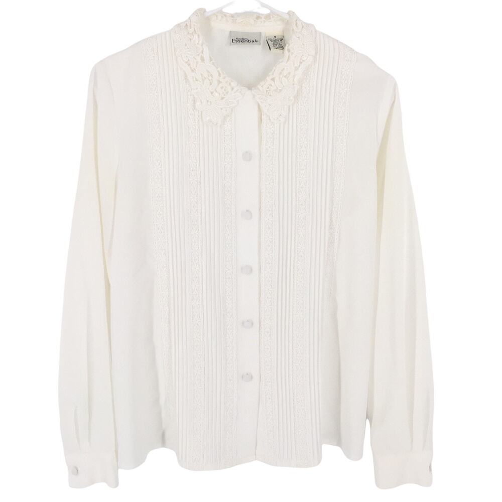 Vintage Modern Essential Crochet Long Sleeve Blouse 8 Button Down White Regent M